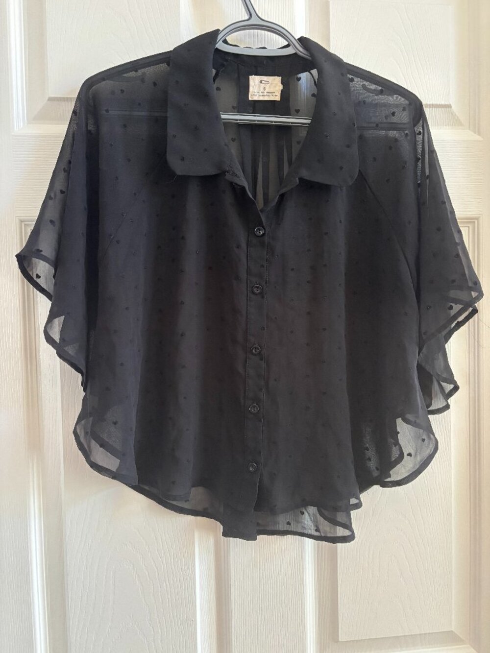 Pins & Needles Black Sheer Swiss Dot Ruffle Sleeve Button Front Blouse